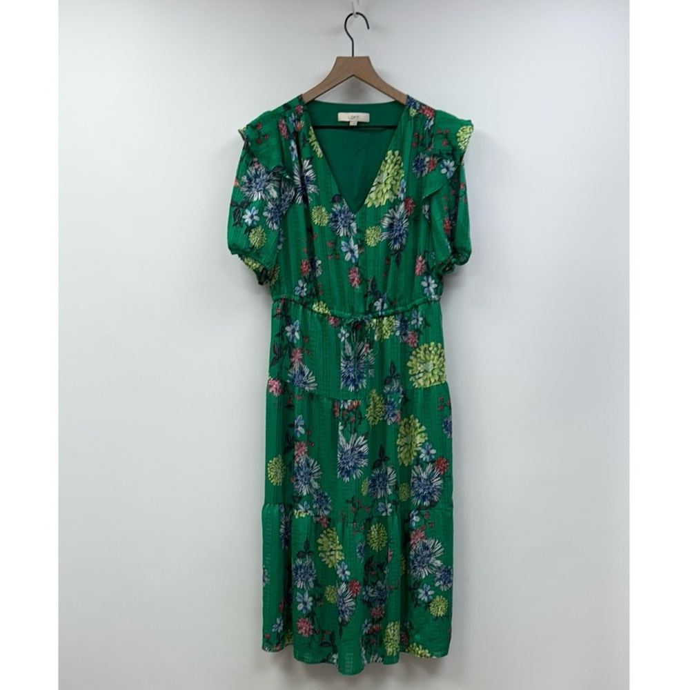 Ann Taylor LOFT Floral Chiffon Tiered V-Neck Midi Dress Green Large - Picture 2 of 10